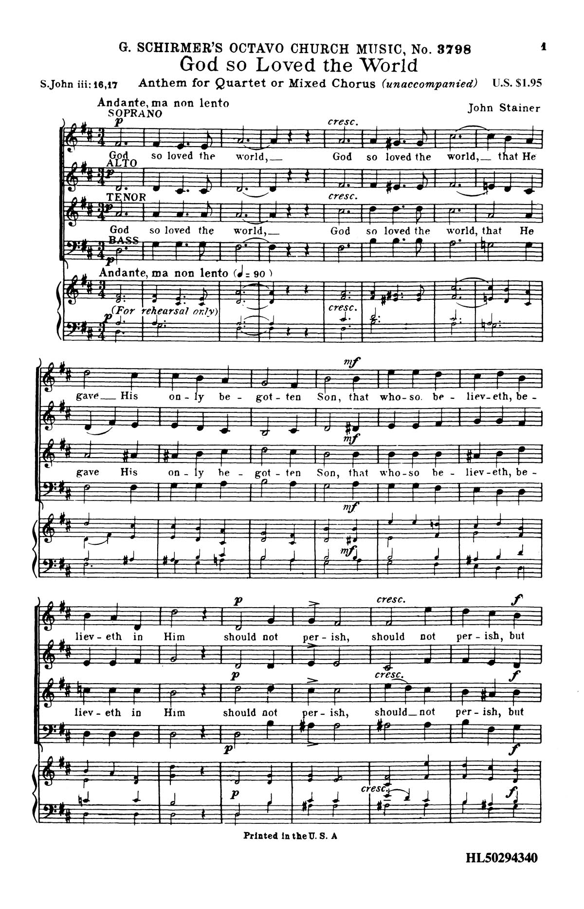 John Stainer: God So Loved The World From The Crucifixion: SATB: Vocal Score