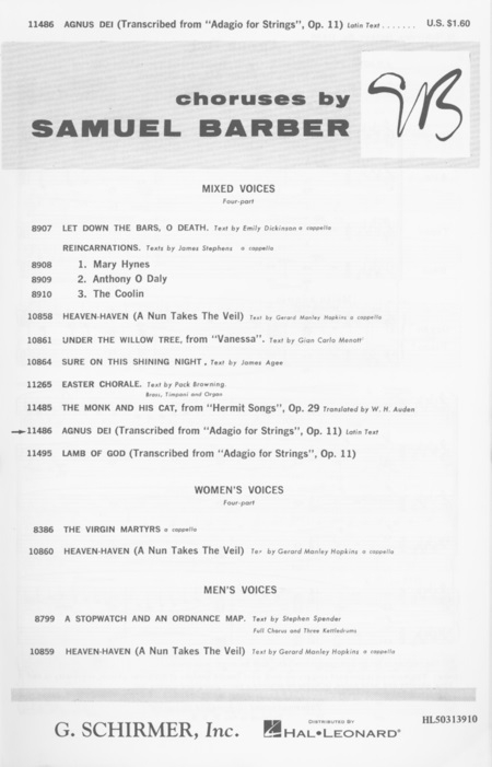 Samuel Barber: Agnus Dei: SATB: Vocal Score